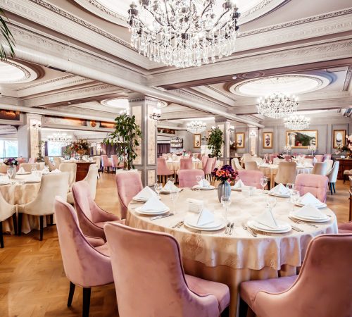 Wedding restaurant hall with round and square tables some chairs and plants